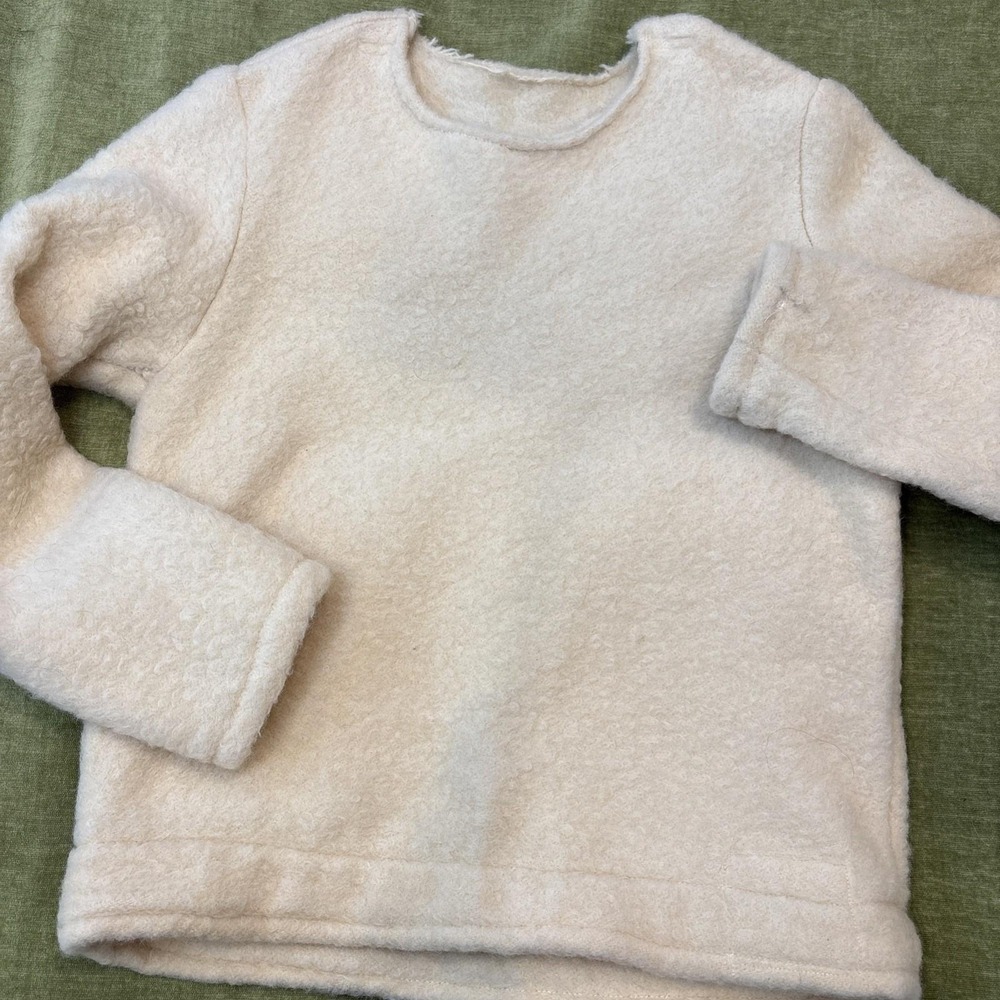 VTG Upcycled Boiled Wool Blanket Sweater Unique‎ Cottagecore Ivory Homestead MED